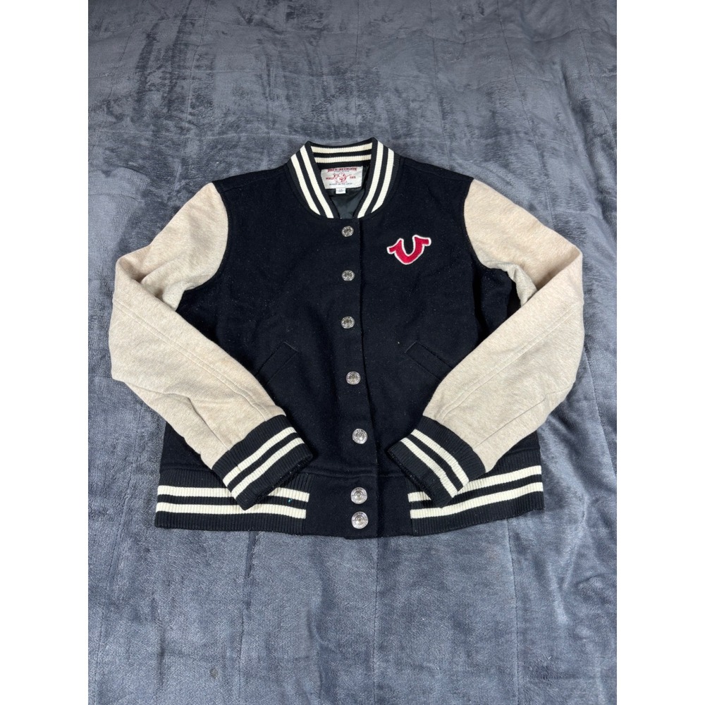 True Religion Kids Varsity Jacket Black Cream Wool Blend Bomber Logo Large L/G